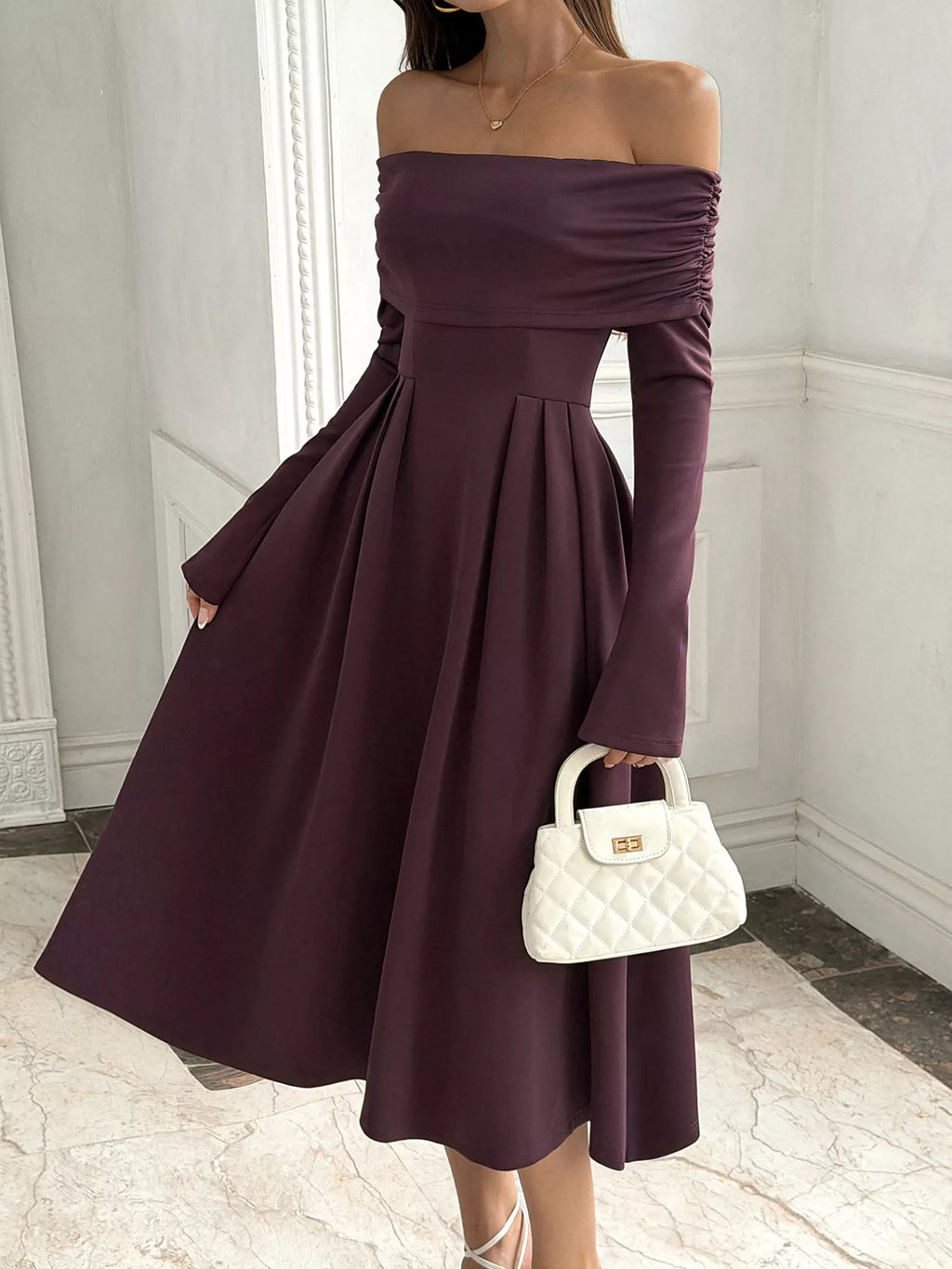 Off-Shoulder Long-Sleeve Midi Dress
