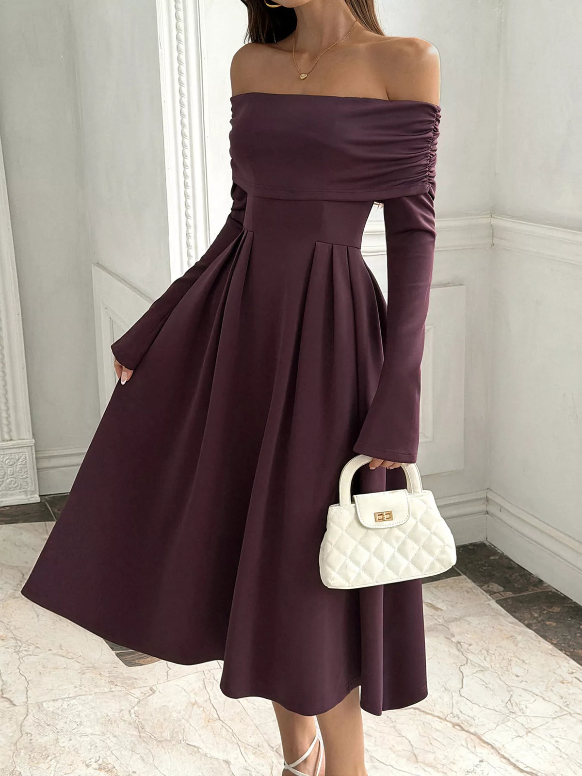 Off-Shoulder Long-Sleeve Midi Dress