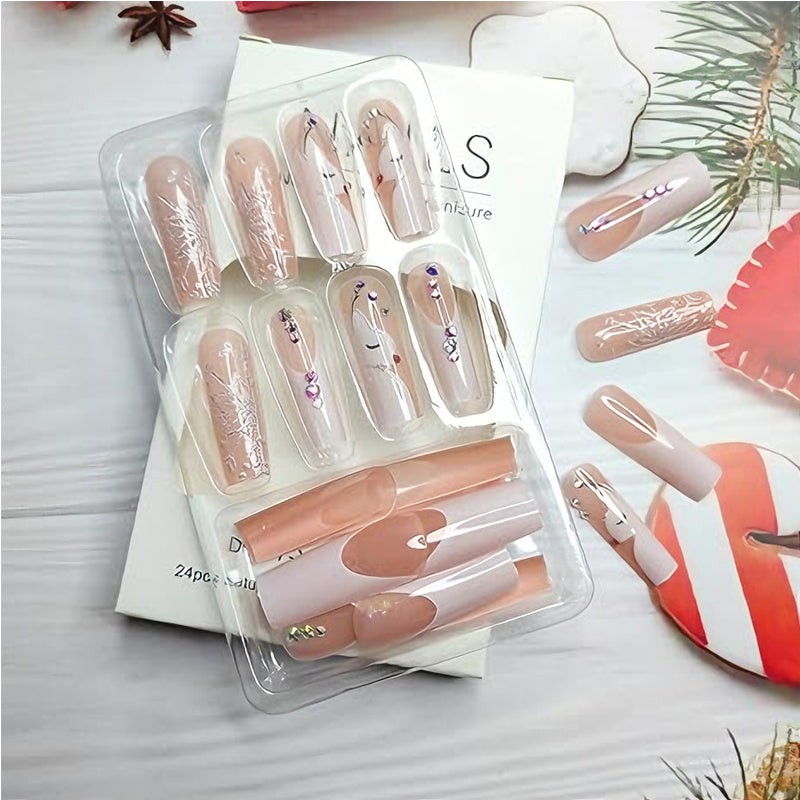 Diamond Deer Snowflake Press-On Nails – 24 PCS Long Square | Holiday Nail Art with Crystal Rhinestones — Prime Trend Market