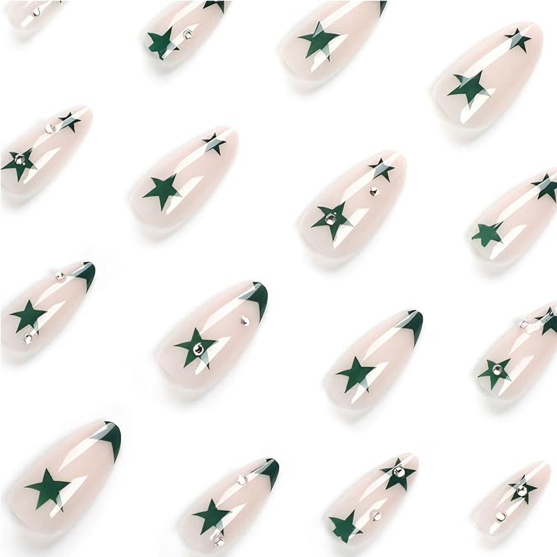 Green Star Nail Art Press-On Nails – 24 PCS Long Water Pipe Shape | Celestial ABS Acrylic — Prime Trend Market