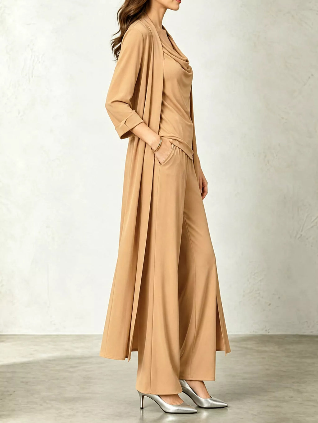 Cowl-Neck Top, Cardigan & Wide-Leg Pants Three-Piece Set