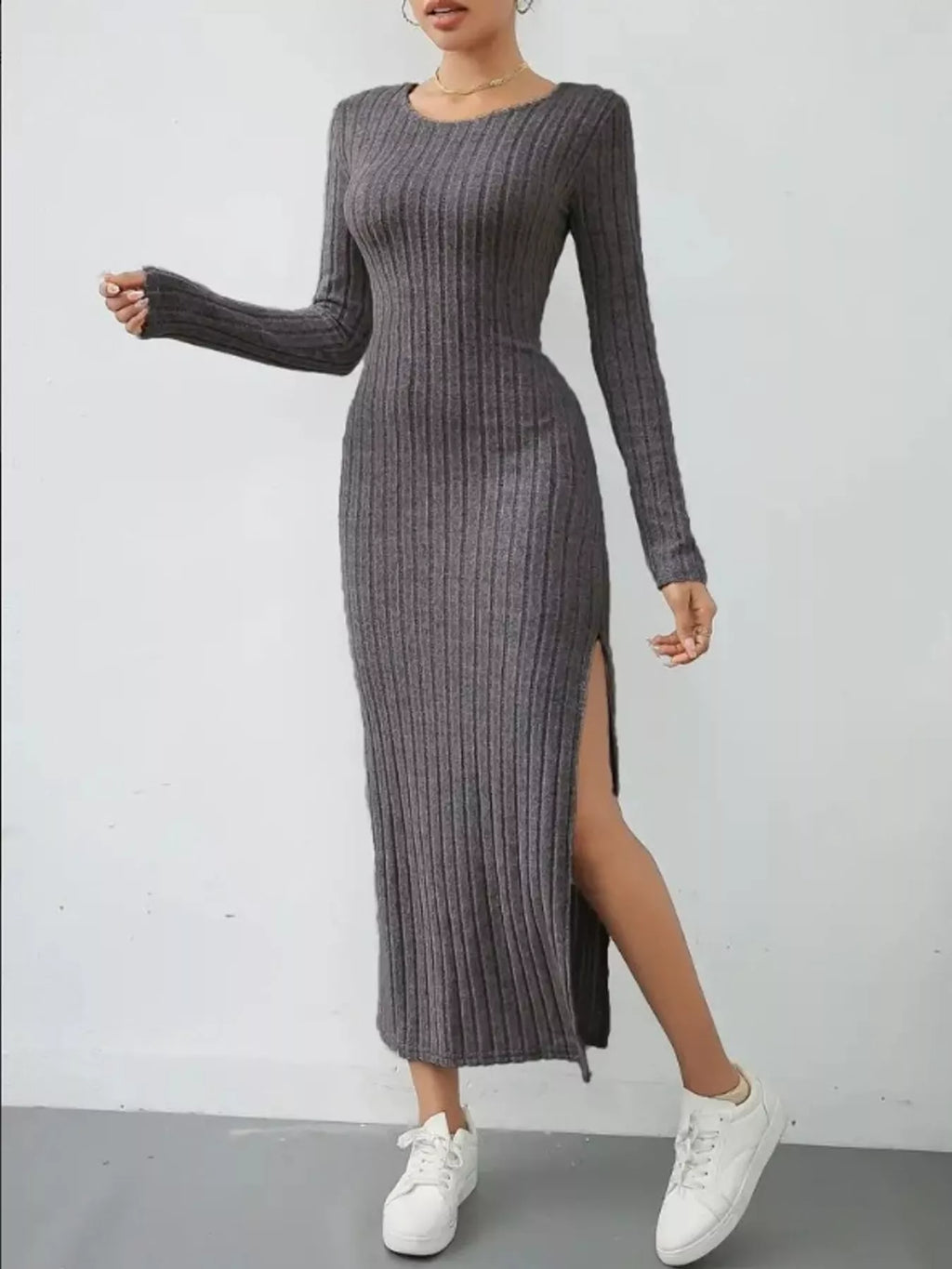 Long-Sleeve Side-Slit Ribbed Knit Midi Dress