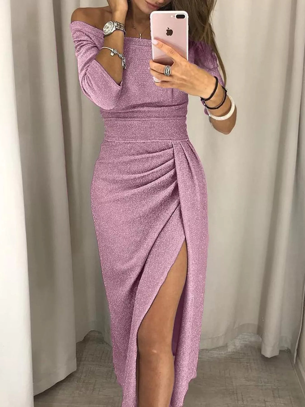 Off-Shoulder Ruched Slit Dress | S–5XL