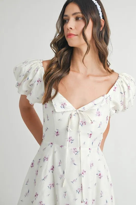 MABLE Floral-Print Puff-Sleeve Mini Dress