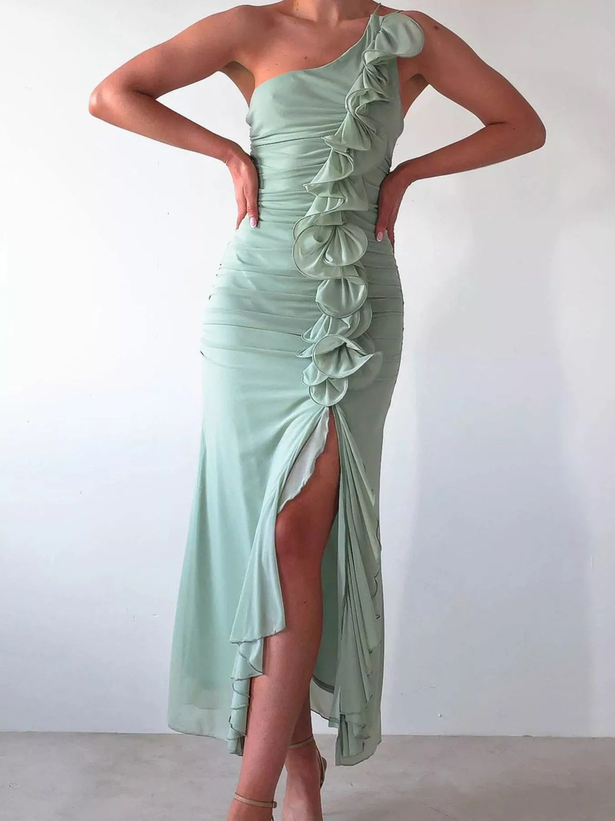 One-Shoulder Ruffle Slit Maxi Dress