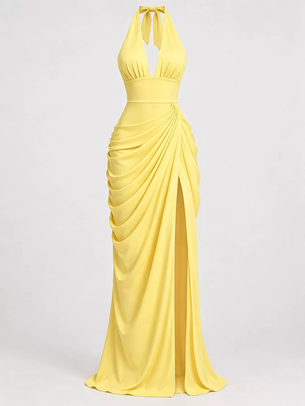 Halter-Neck Ruched High-Slit Maxi Evening Dress
