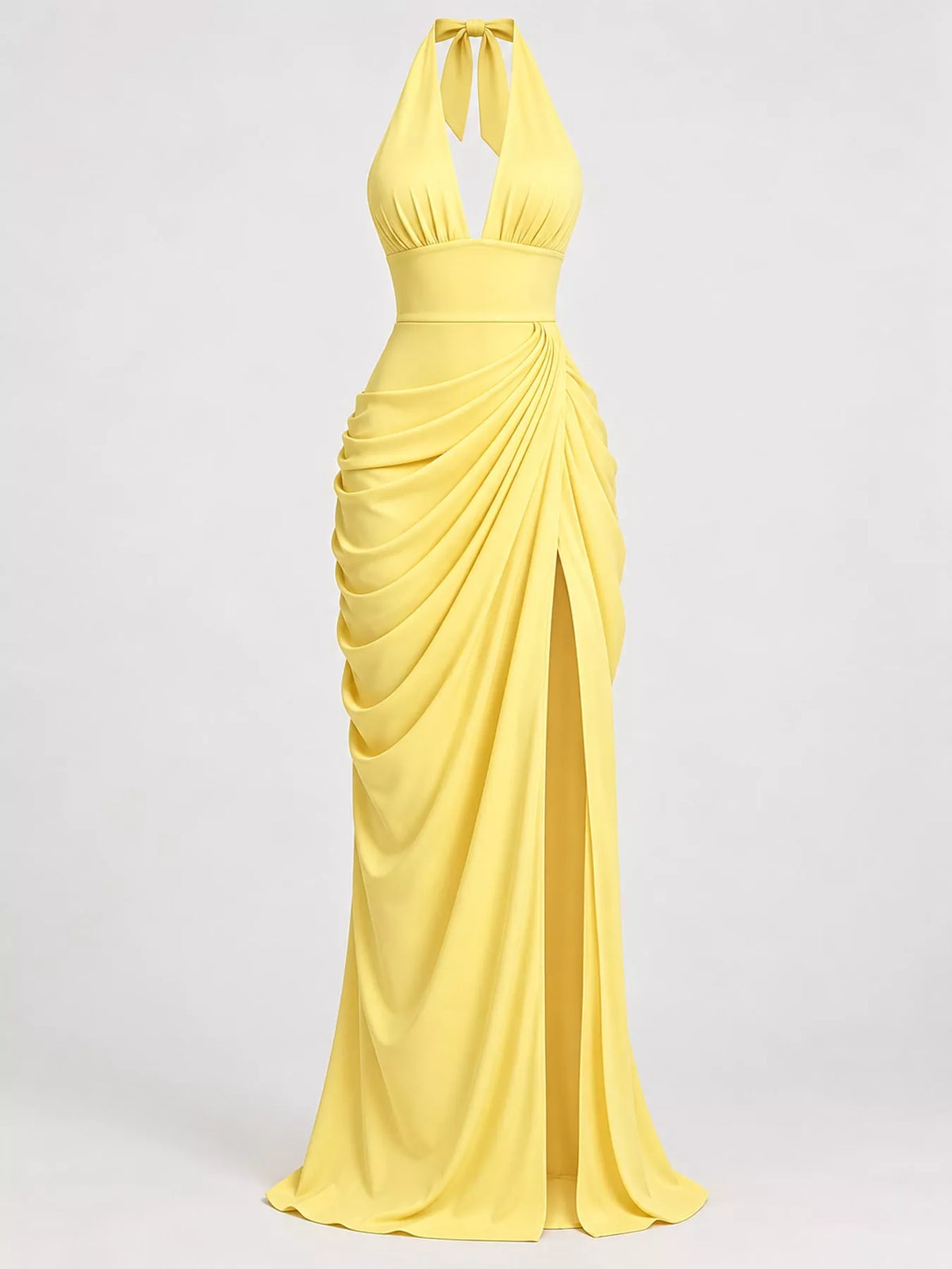 Halter-Neck Ruched High-Slit Maxi Evening Dress