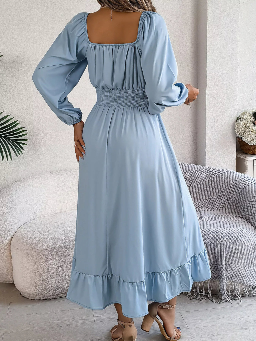 Square-Neck Smocked-Waist Long-Sleeve Midi Dress