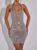 Backless Rhinestone Mesh Bodycon Mini Dress