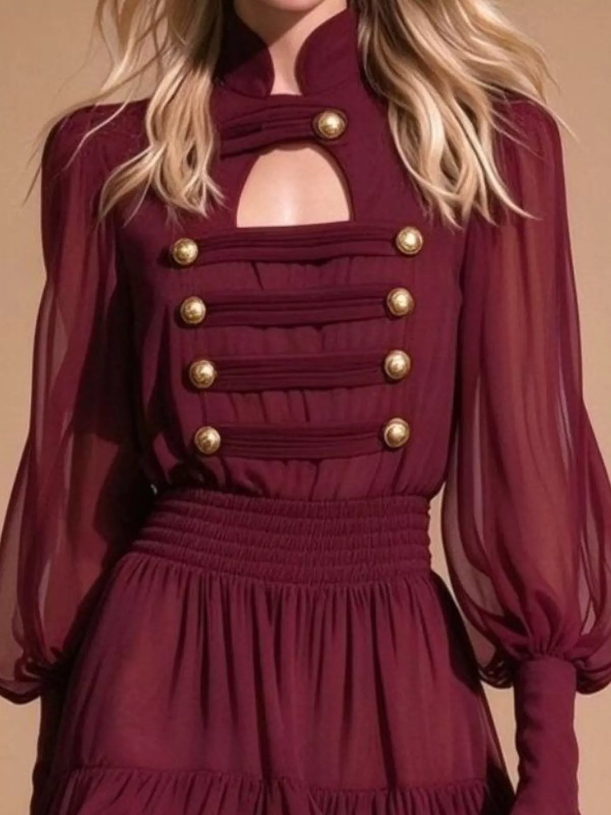 Decorative-Button Ruffled Tiered Mini Dress