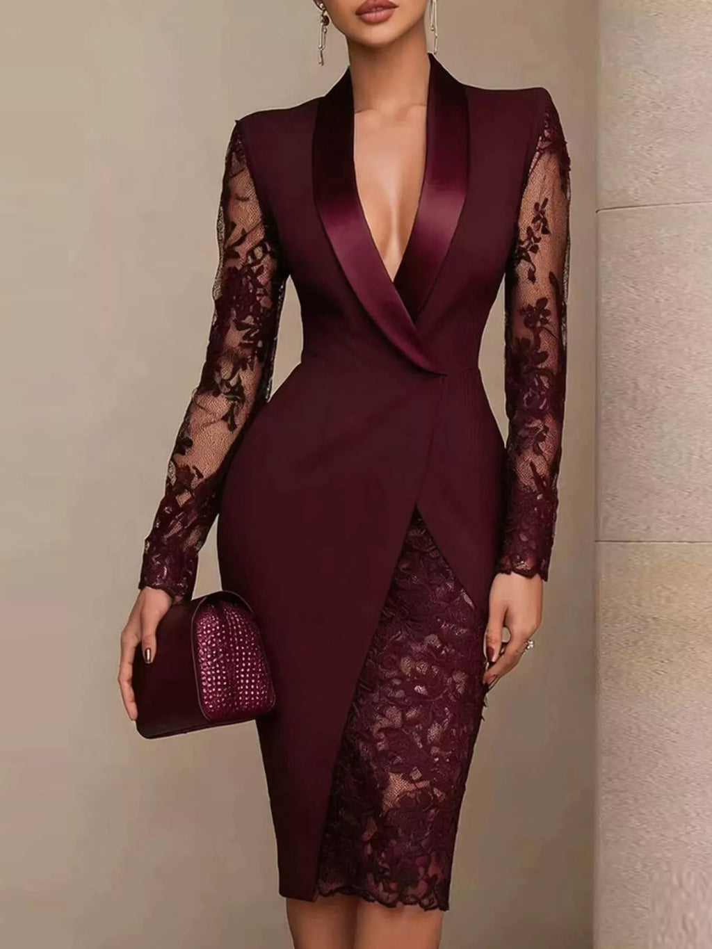 Lace-Sleeve Blazer Dress