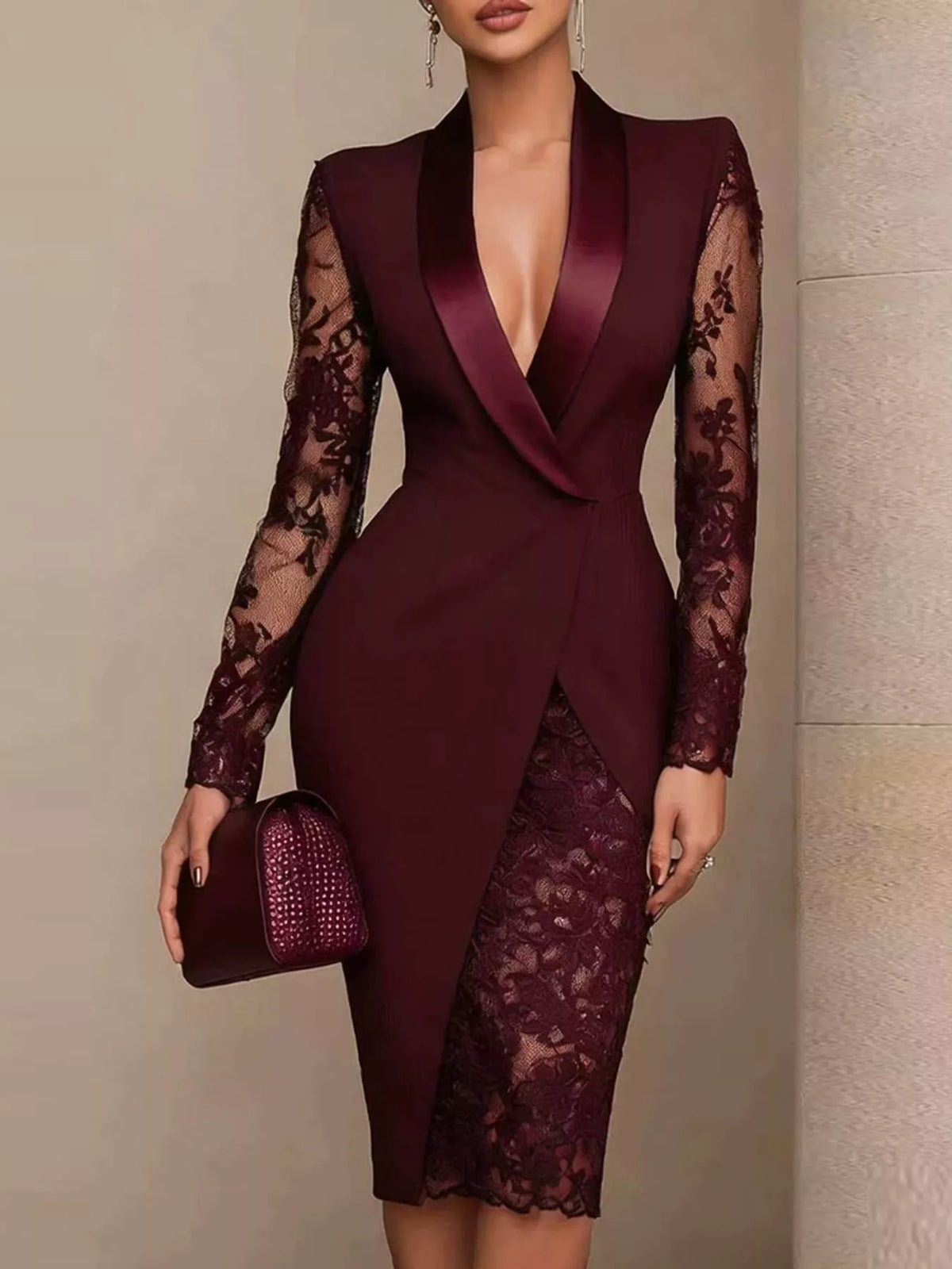 Lace-Sleeve Blazer Dress