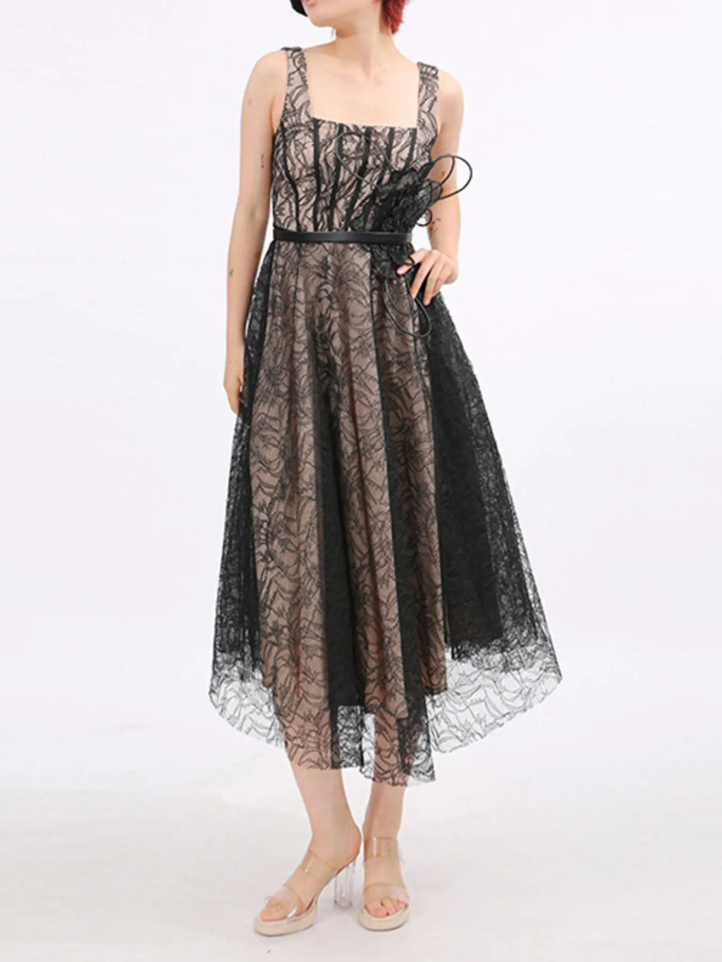 Lace Square-Neck Midi Dress