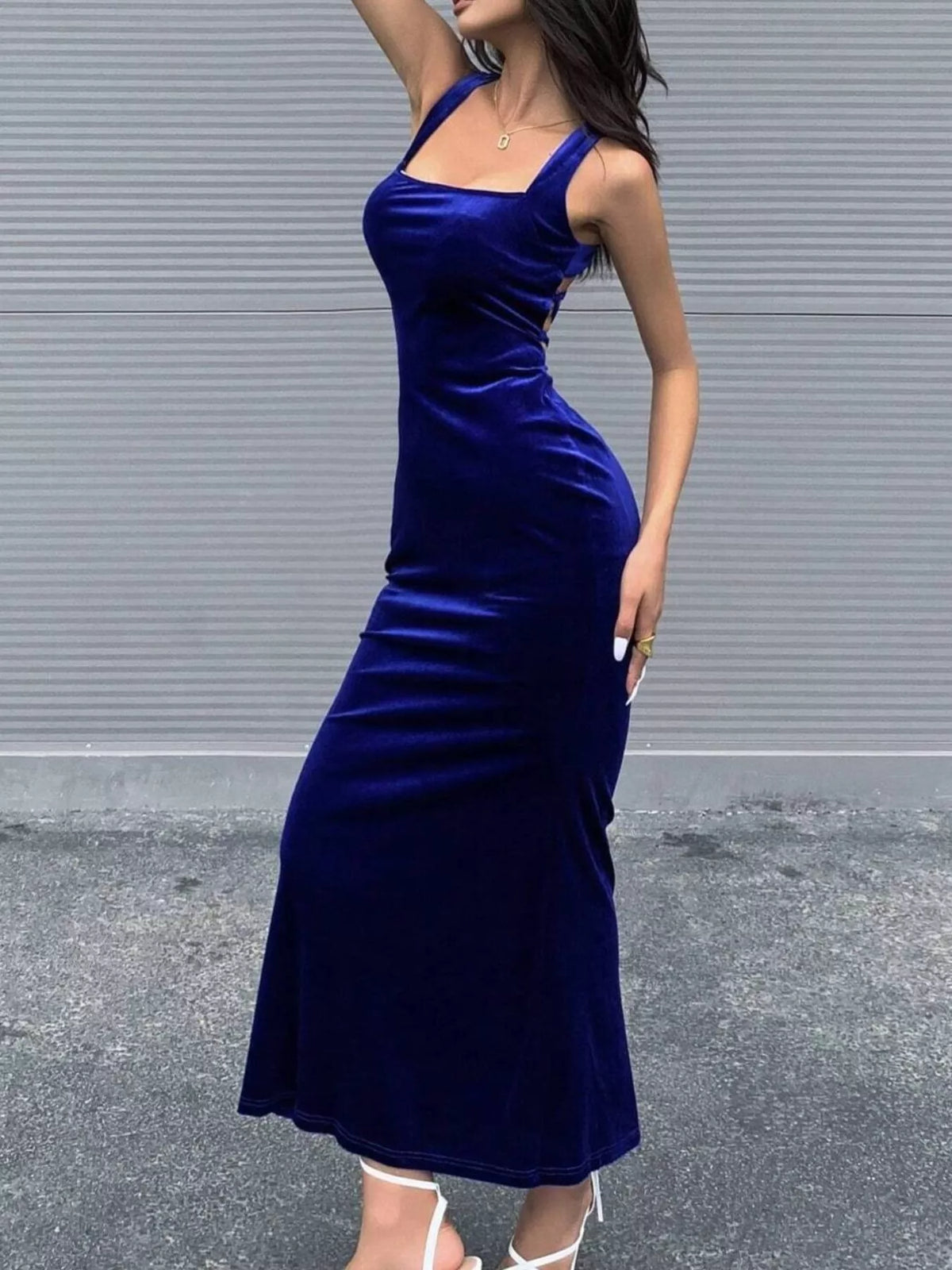 Royal Blue Velvet Square-Neck Lace-Up Back Maxi Dress