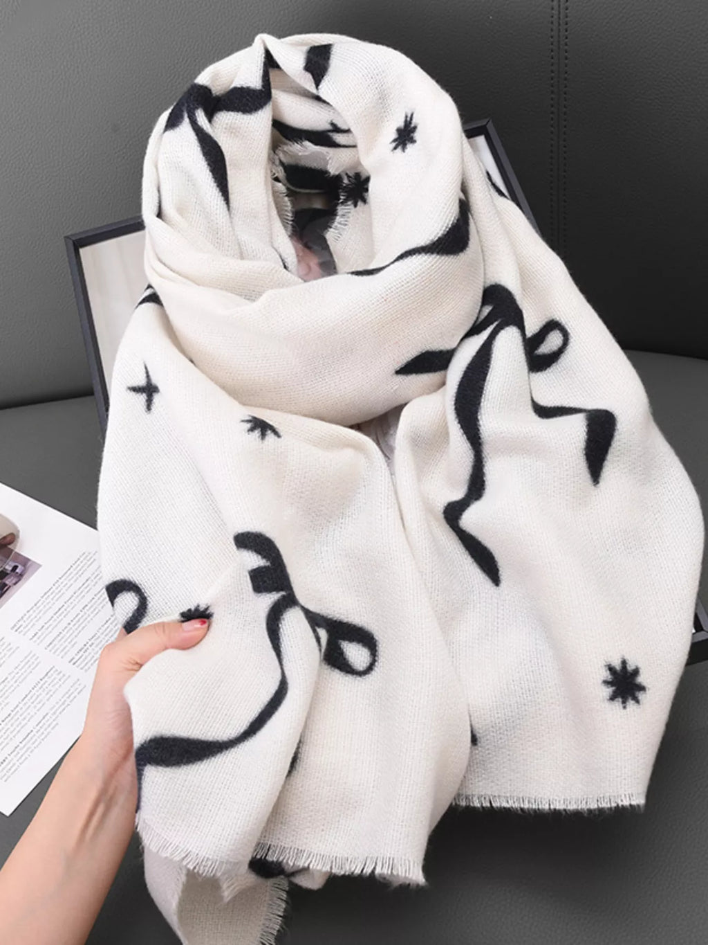 Bow-Print Lightweight Polyester Scarf