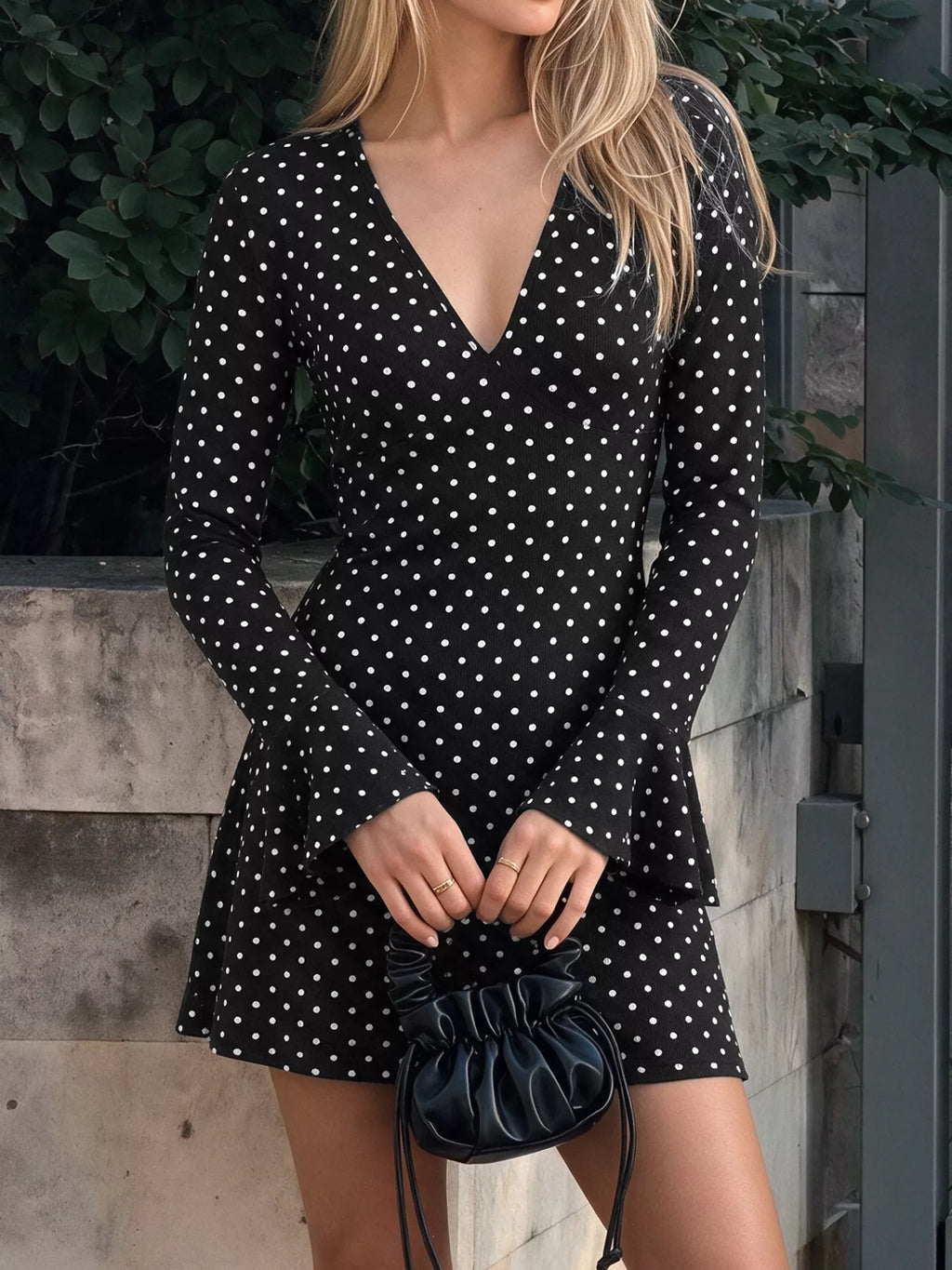 Black Polka-Dot V-Neck Tie-Back Mini Dress