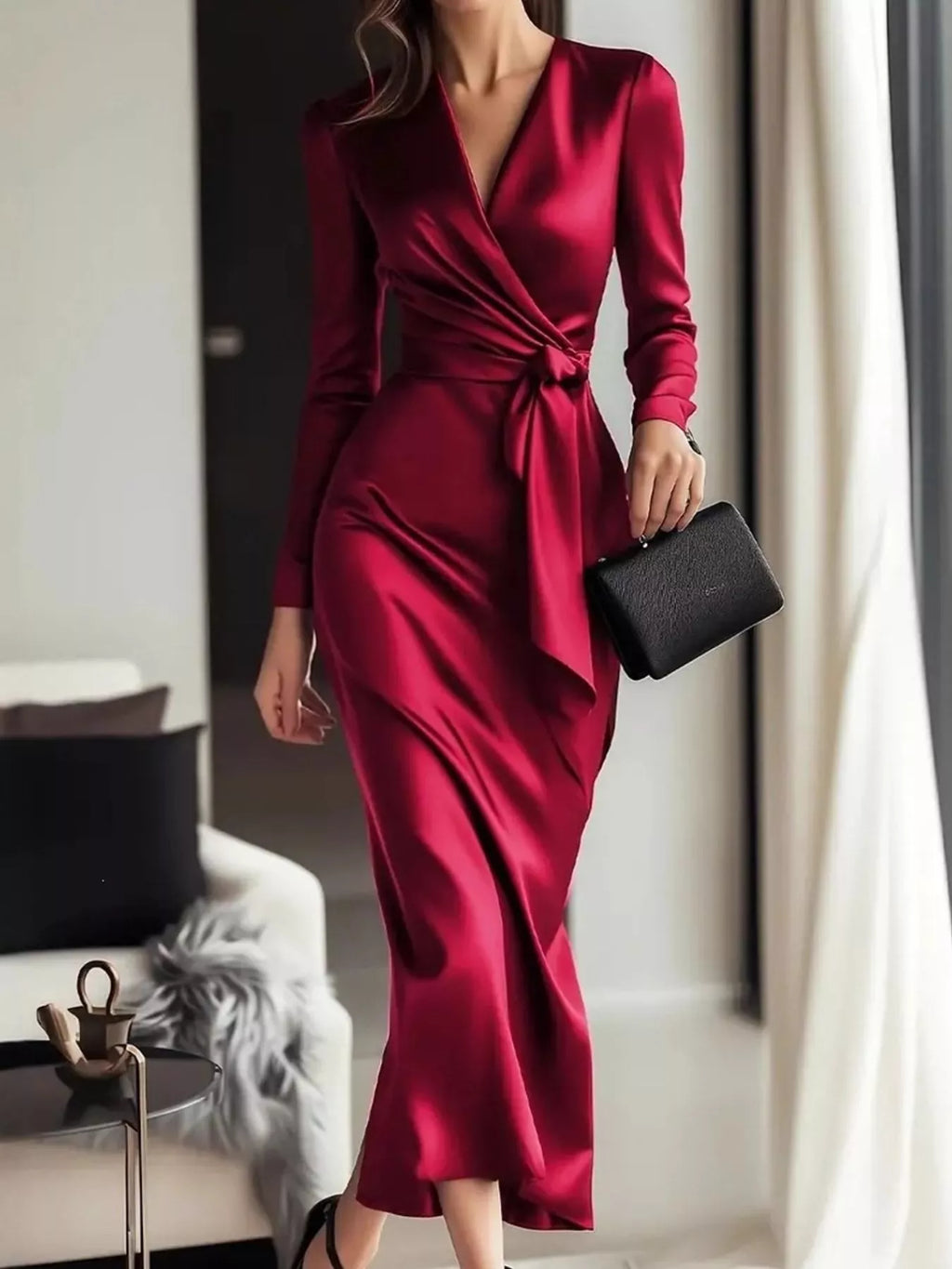 Satin Surplice Tie-Waist Long-Sleeve Midi Dress