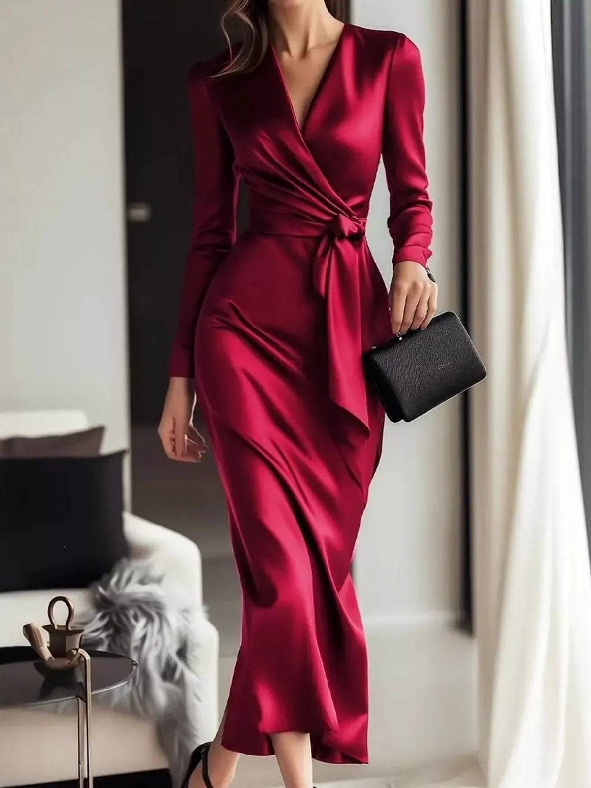 Satin Surplice Tie-Waist Long-Sleeve Midi Dress
