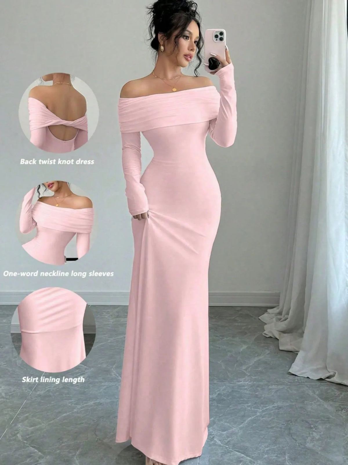 Off-Shoulder Twist-Back Long-Sleeve Bodycon Maxi Dress