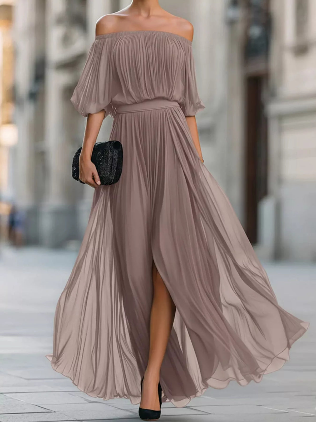 Off-Shoulder Ruched Chiffon Maxi Dress