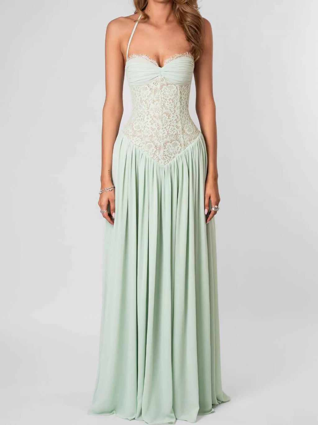 Lace Corset-Style Halter Maxi Dress