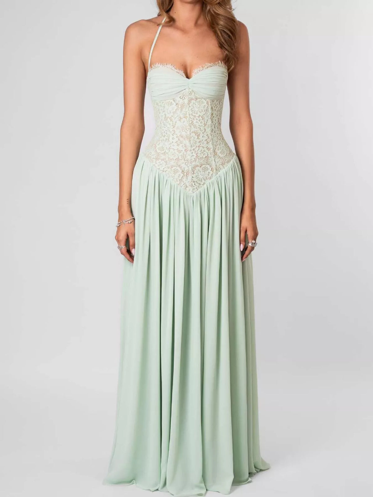 Lace Corset-Style Halter Maxi Dress