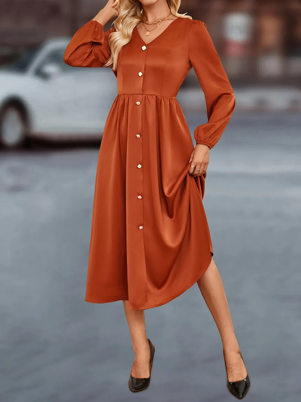 Terracotta V-Neck Balloon-Sleeve Midi Dress