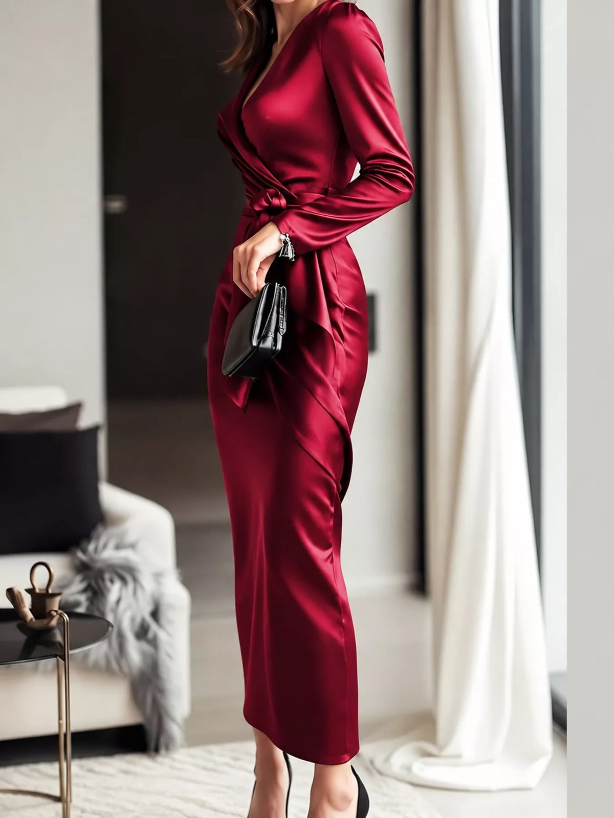 Satin Surplice Tie-Waist Long-Sleeve Midi Dress