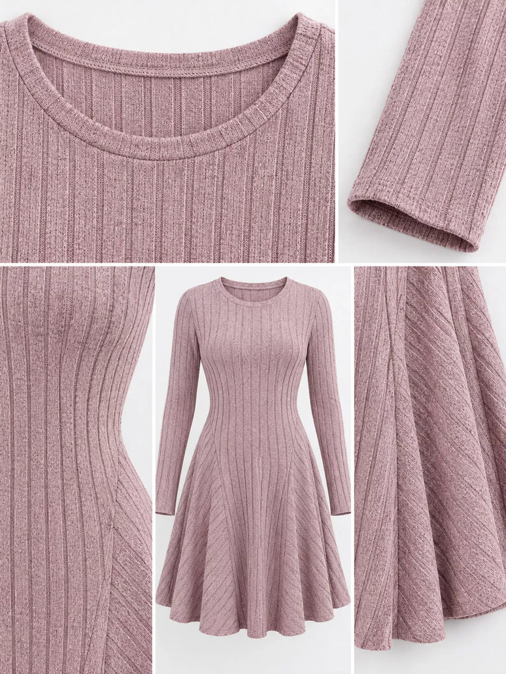 Long-Sleeve Ribbed Knit A-Line Mini Dress