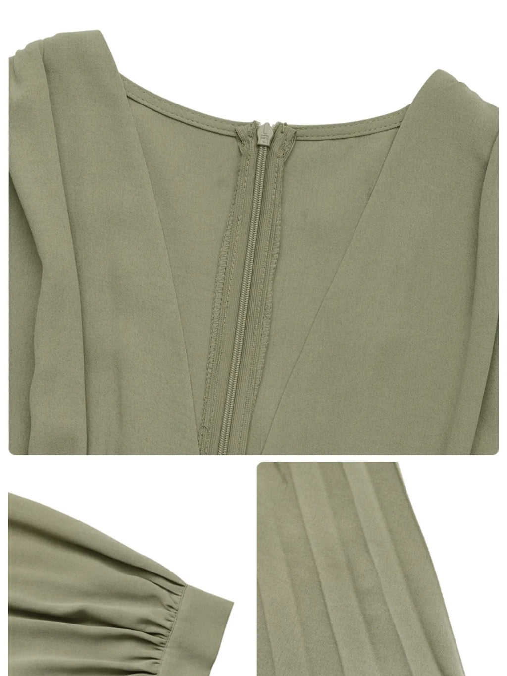 Green Pleated V-Neck Long-Sleeve Dress