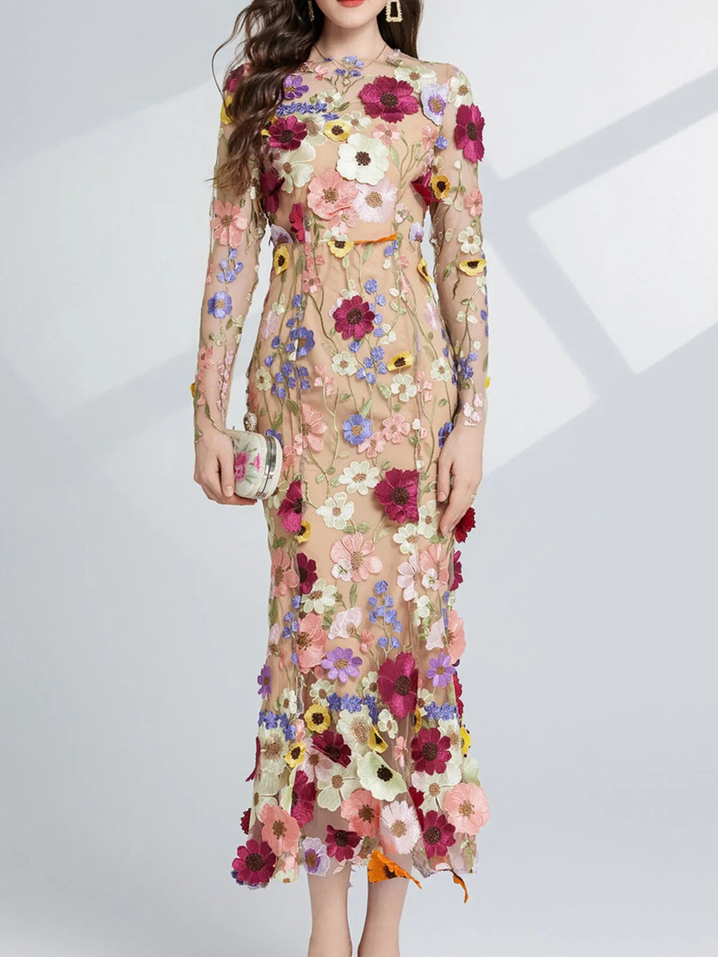 Floral-Embroidered Mesh Long-Sleeve Midi Dress