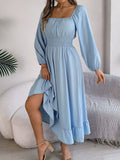 Square-Neck Smocked-Waist Long-Sleeve Midi Dress