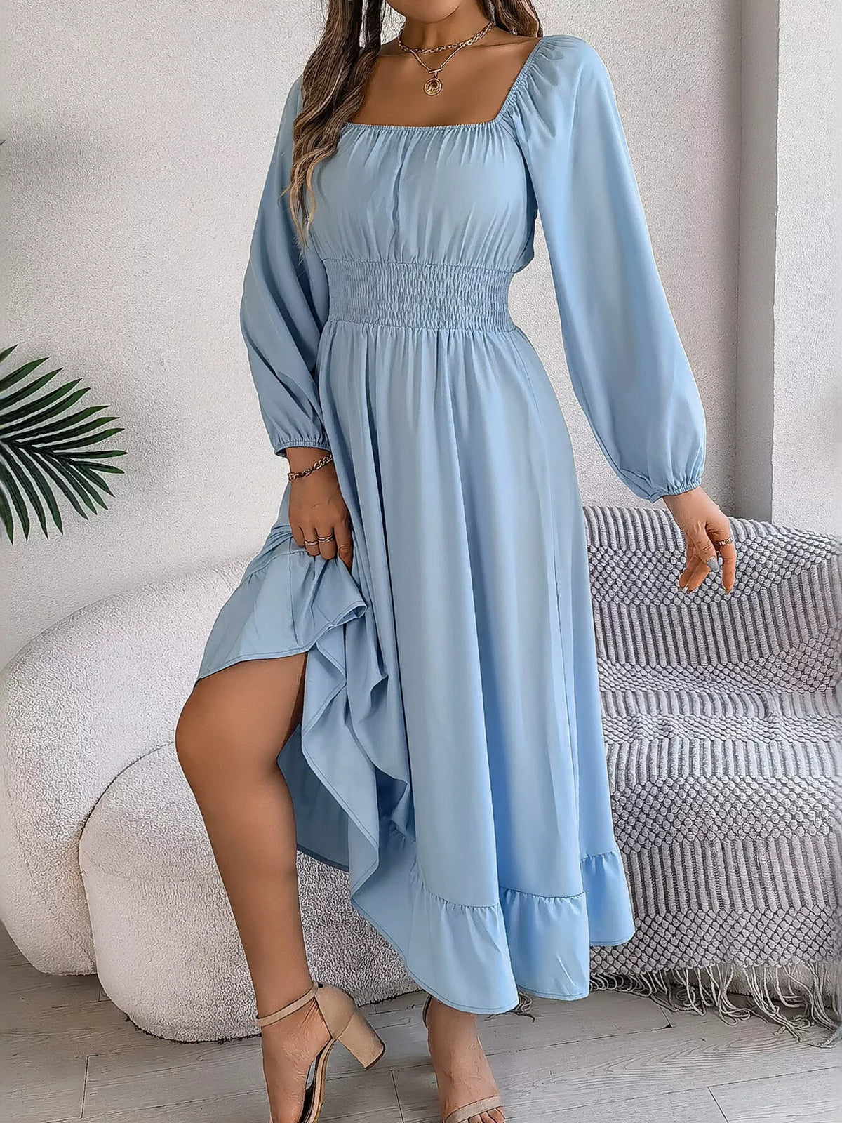 Square-Neck Smocked-Waist Long-Sleeve Midi Dress