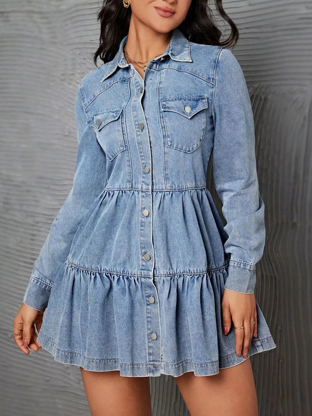 Blue Button-Front Tiered Denim Mini Dress