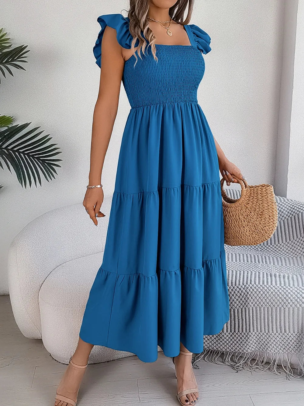 Smocked Square-Neck Cap-Sleeve Midi Dress