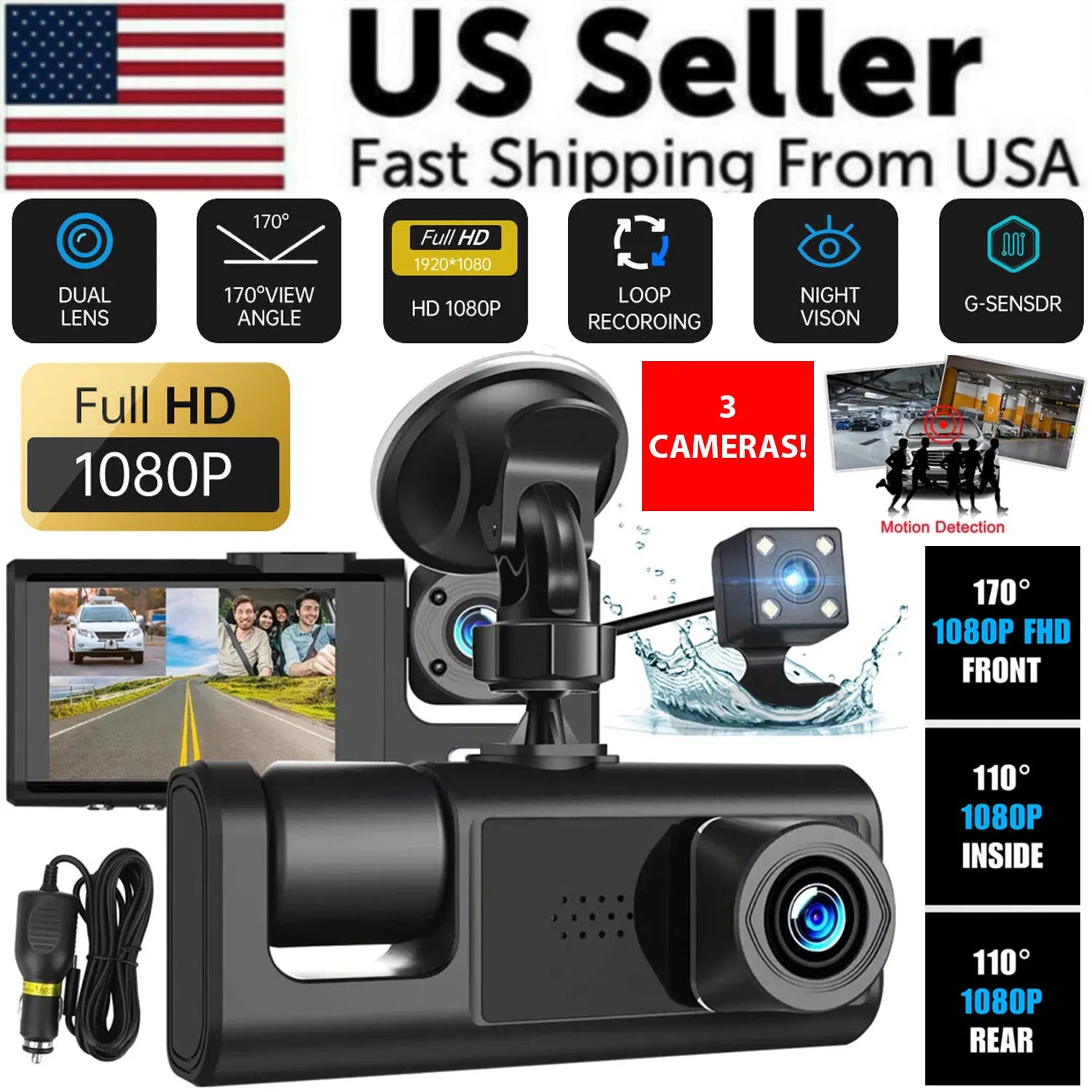 Triple Lens Dash Cam 1080P HD | Front, Rear & Interior Recording + G-Sensor — Prime Trend Market