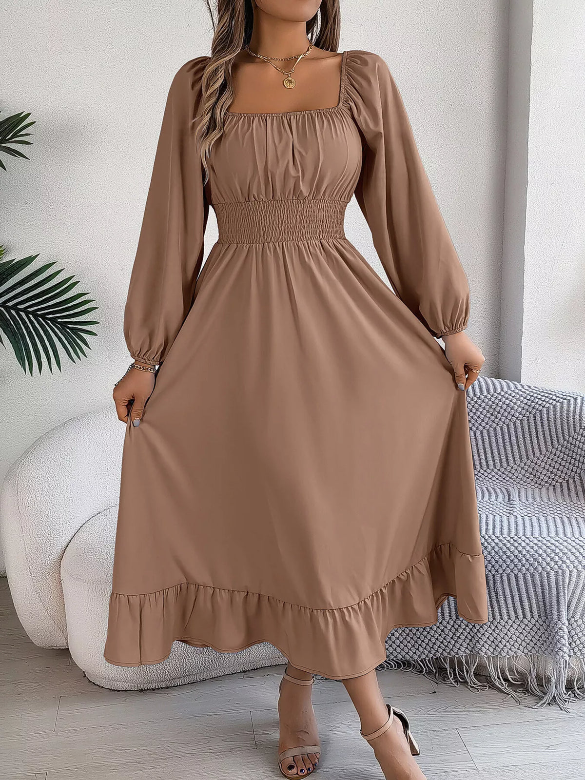 Square-Neck Smocked-Waist Long-Sleeve Midi Dress