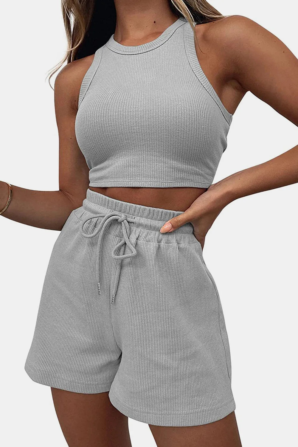 Round-Neck Crop Top & Drawstring Shorts Set