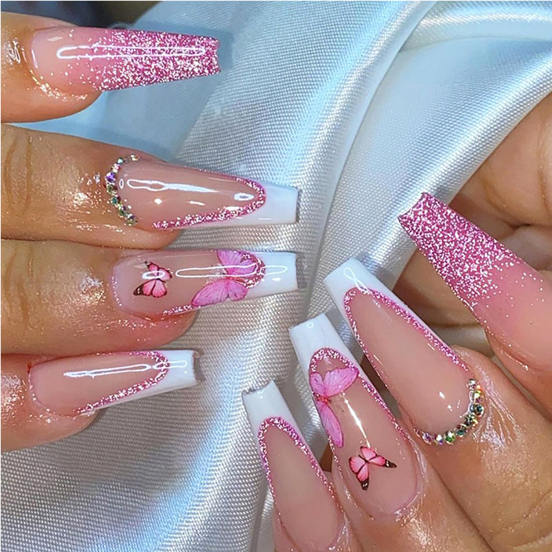 Glitter Butterfly Press On Nails — 24 PCS Long Square Sparkle Fake Nails | Glitter Powder Nail Art — Prime Trend Market