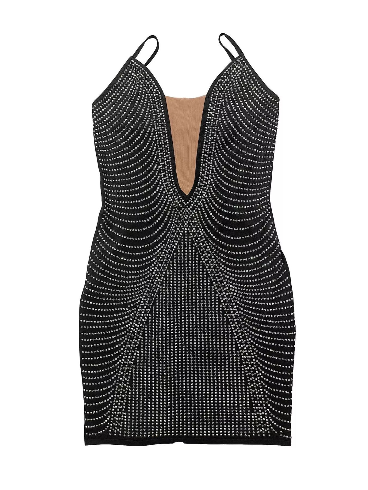 Rhinestone Plunge-Neck Spaghetti-Strap Mini Dress