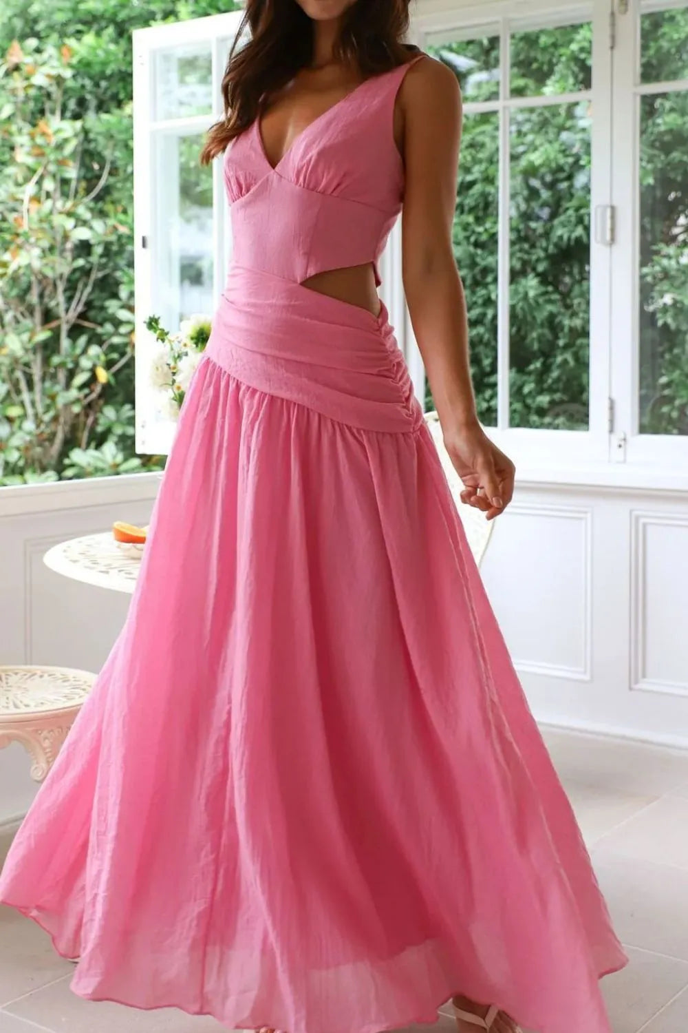 V-Neck Side-Cutout Ruched Maxi Dress