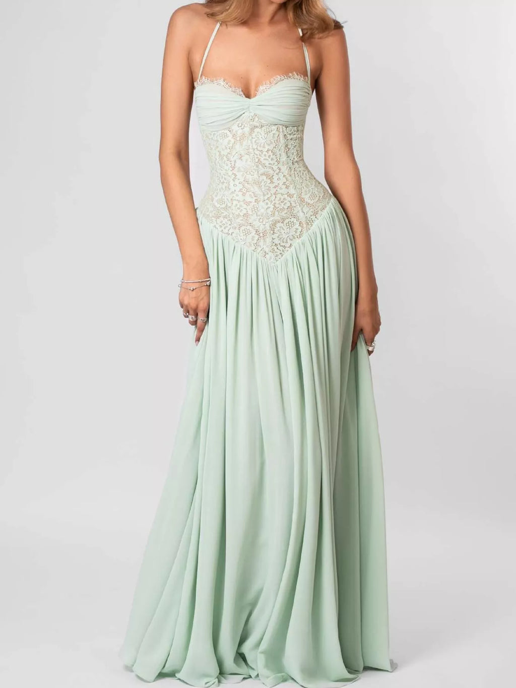 Lace Corset-Style Halter Maxi Dress