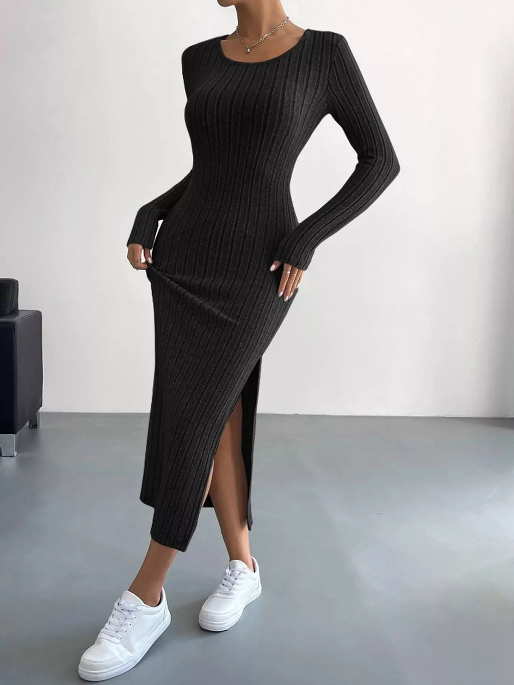 Long-Sleeve Side-Slit Ribbed Knit Midi Dress