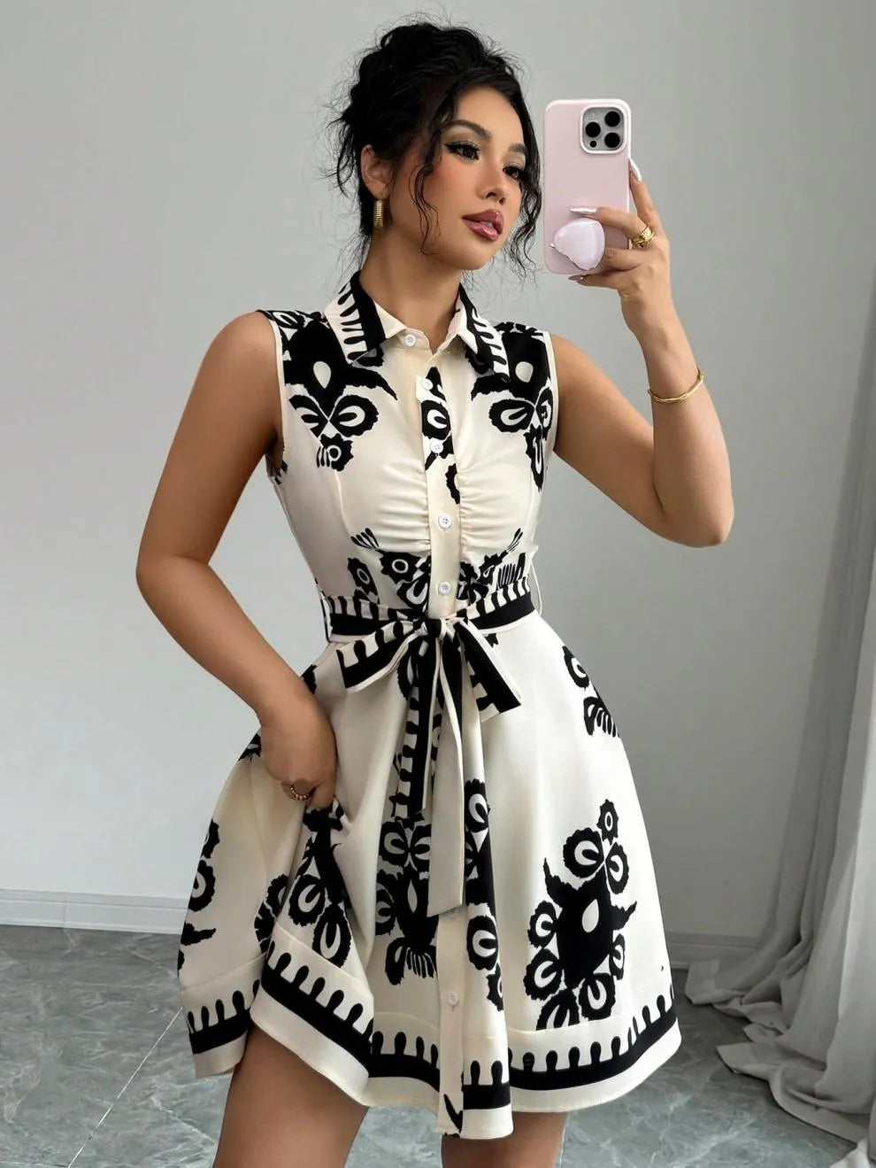 Printed Sleeveless Button-Front Dress