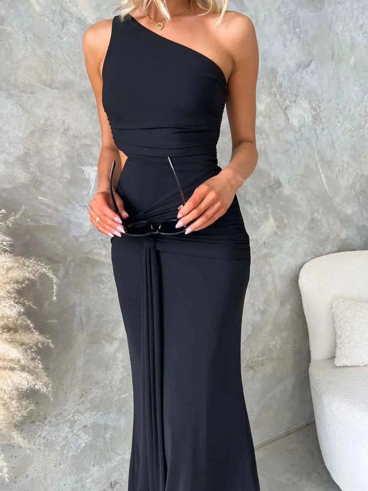 One-Shoulder Waist-Cutout Maxi Dress