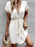 Contrast-Trim V-Neck Short-Sleeve Mini Dress