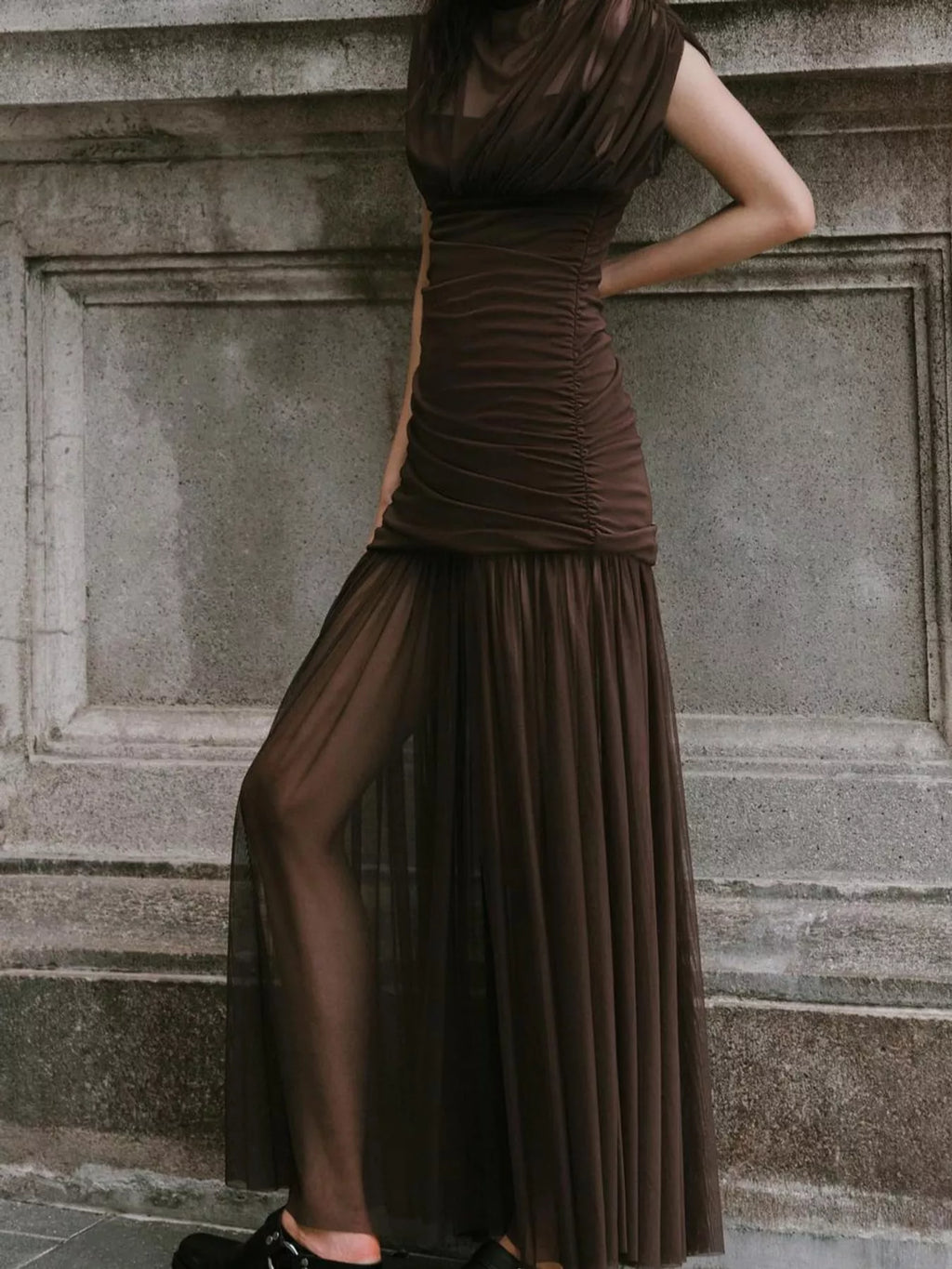 Mock-Neck Ruched Sheer Mesh Maxi Dress