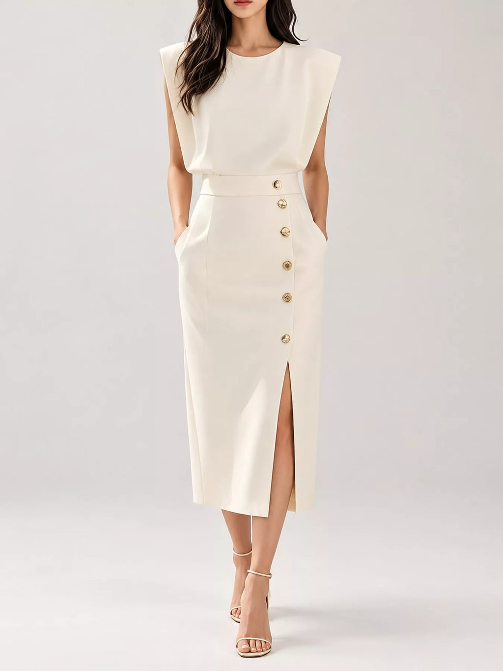 Sleeveless Gold-Tone Button-Detail Midi Dress