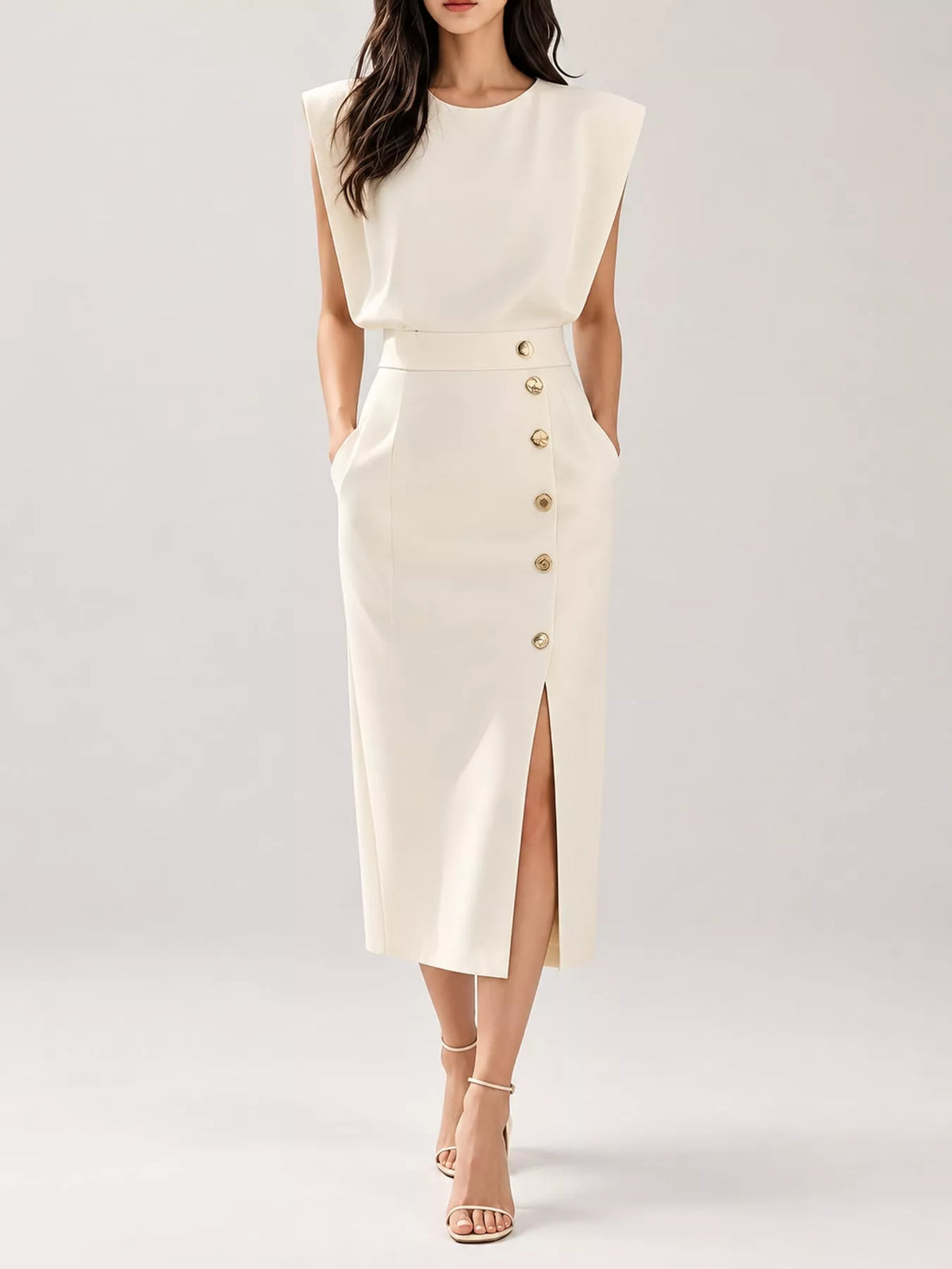 Sleeveless Gold-Tone Button-Detail Midi Dress