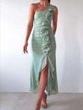 One-Shoulder Ruffle Slit Maxi Dress
